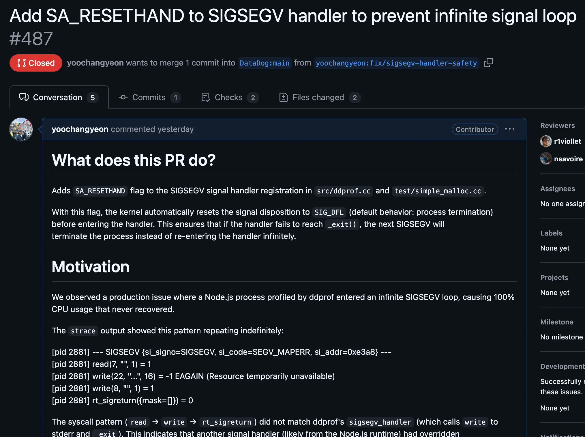 ddprof에 SA_RESETHAND를 추가하는 PR을 올렸다